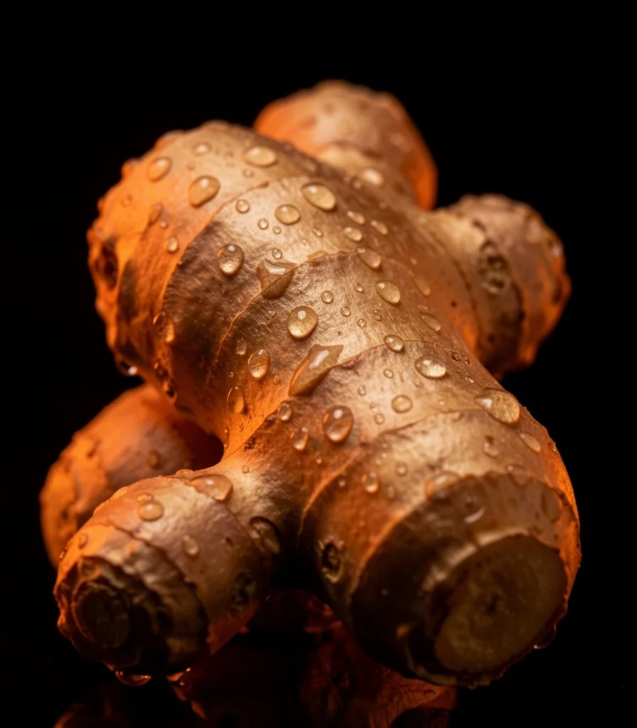 Macro view of Indonesian ginger root with water droplets