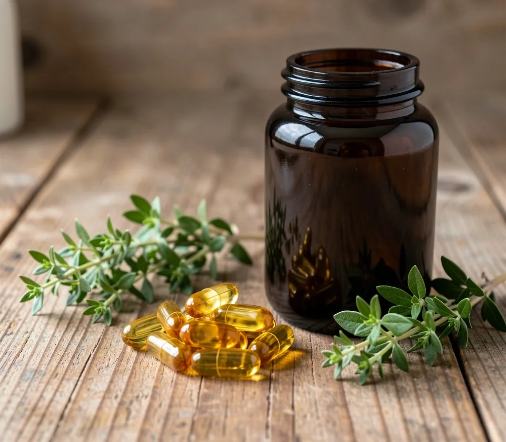 Natural supplement capsules with herbs on a wooden surface